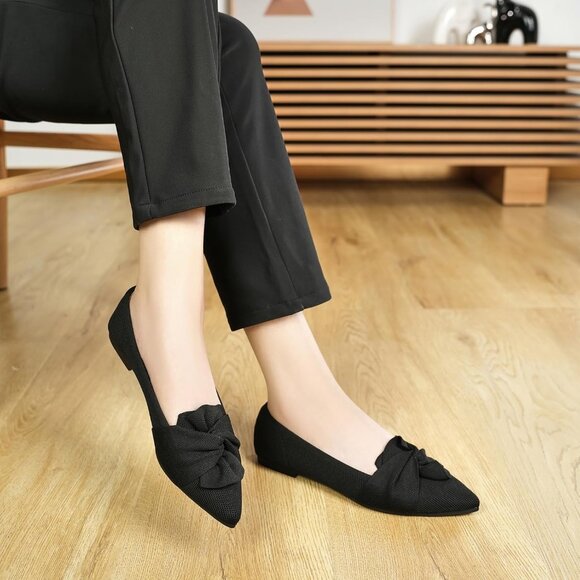 Women's Black Pointed Toe Ballet Flats with Bow Comfortable Knit Dressy Flats - Picture 5 of 8
